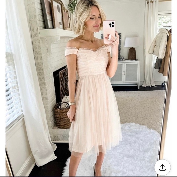 maniju New With Tag soft pink tulle ballet of the shoulder blush dress Boho S - Picture 1 of 11